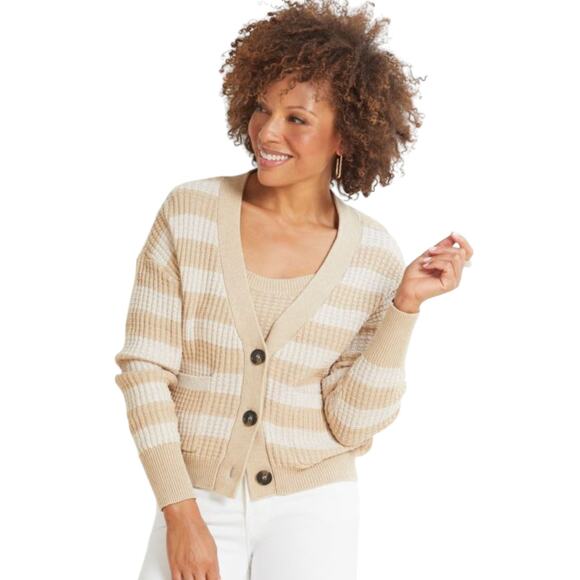 Evereve Oatmeal Striped Tan Kiki Cardigan Sweater - Picture 2 of 12